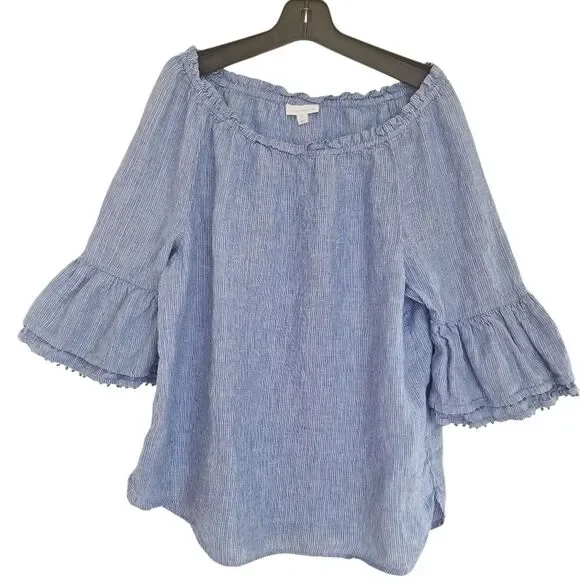 Charter Club Linen Peasant Blouse Top Striped Blue Bell Sleeves Mini Pom Poms XL - Picture 2 of 11